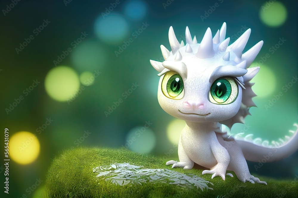 Colorful white baby dragon in a modern 3D animation style. Cute and