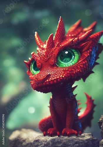 Colorful red baby dragon in a modern 3D animation style. Cute and adorable mythical creature made with generative AI assistance