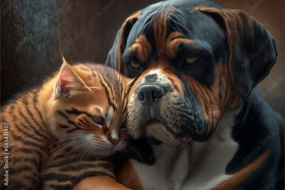 Love between a cat and a dog, Cat loving a dog, Dog and cat friends concept. Ai generated