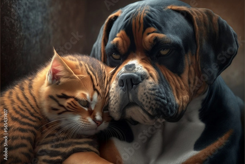 Love between a cat and a dog, Cat loving a dog, Dog and cat friends concept. Ai generated