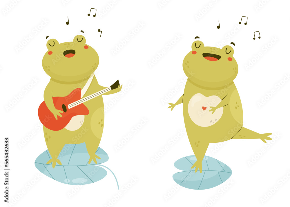 Obraz premium Cute happy frogs singing and playing the guitar standing on a water leaf