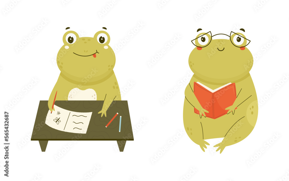 Obraz premium Vector illustration of a cute smart frogs reading and doing a homework