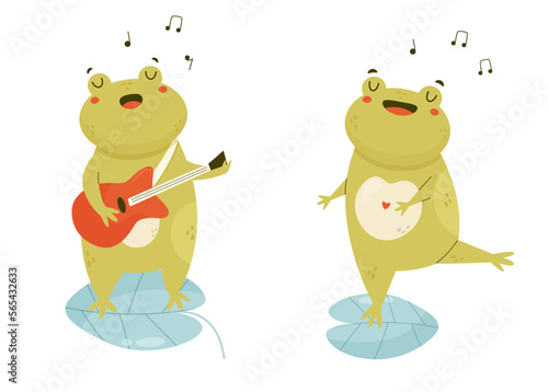 Cute happy frogs singing and playing the guitar standing on a water leaf
