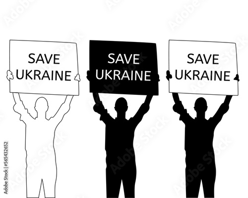 Vector illustration of people with posters protesting in the street - no war - save Ukraine