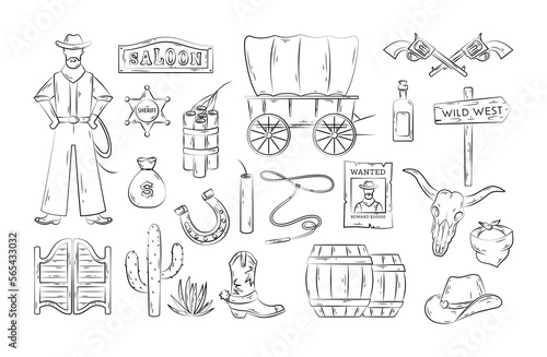 Wild West. Vector set of hand drawn western Texas icon with cowboy, hat, wooden signboard, cactus, dynamite, gun, wanted poster, sheriff badge, cow skull, tequila. Collection for game, web, print
