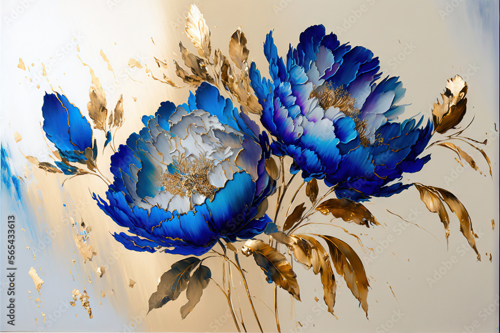 a painting of blue flowers with gold leaves on a white background with ...