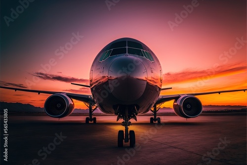  a large jetliner sitting on top of an airport tarmac at sunset with the sun setting behind it and a plane on the ground.  generative ai photo