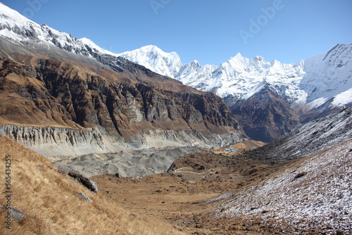 landscape in the Nepal. Anapurna base camp trek with a view of the eight thousand peaks