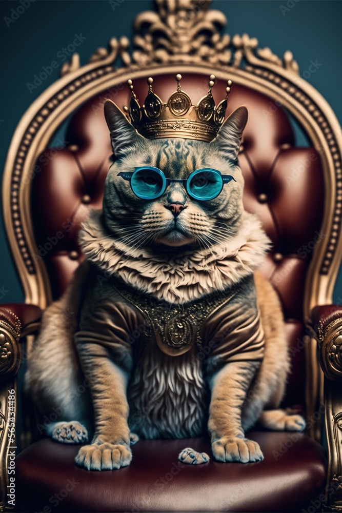 a cat wearing a crown and blue glasses sitting on a chair with a blue background and a gold frame around it's neck and a blue eye.  generative ai