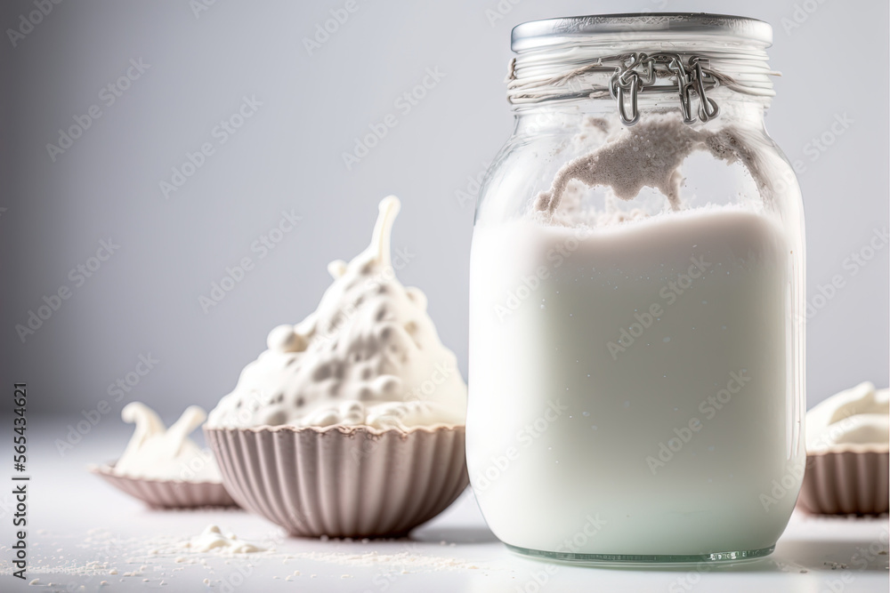 a glass jar filled with a liquid next to cupcakes on a table with a gray background and a white background behind it, with a few white objects. generative ai a glass jar filled with a liquid next to cupcakes on a table with a gray background and a white background behind it, with a few white objects. generative ai