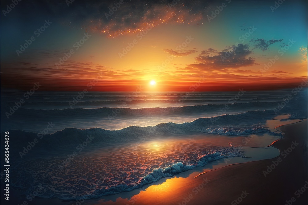 Sunset sea landscape. Colorful beach sunrise with calm waves. Sunrise over the sea and beautiful clouds. Nature sea sky. Sunrise with clouds of different colors Generative AI