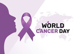 World cancer day simple modern poster background design. Purple bow ribbon with woman face and world silhouette vector illustration