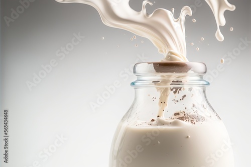  a glass jar filled with milk and milk being poured into it with a spoon in it and a white background behind it with a splash of milk.  generative ai