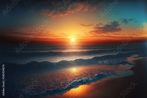Sunset sea landscape. Colorful beach sunrise with calm waves. Sunrise over the sea and beautiful clouds. Nature sea sky. Sunrise with clouds of different colors Generative AI