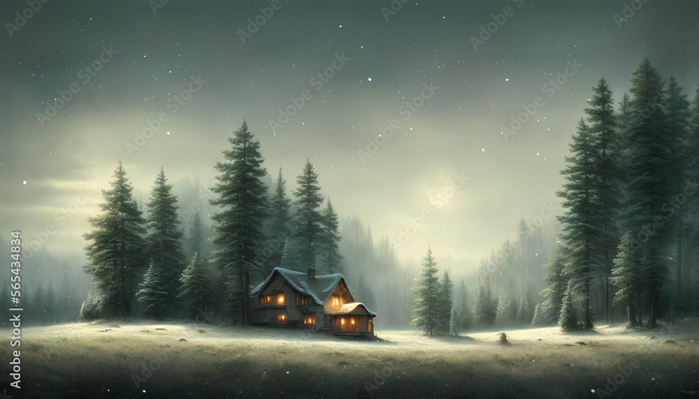 Morning in the forest. Winter landscape with pines, snowy cabin. Generative AI