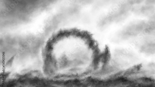 Strange stone ring of ancient forgotten civilization illustration. Abandoned haunted place art. Horror fantasy genre. Dark monument in fog apocalypse. Coal noise effect. Black and white background.