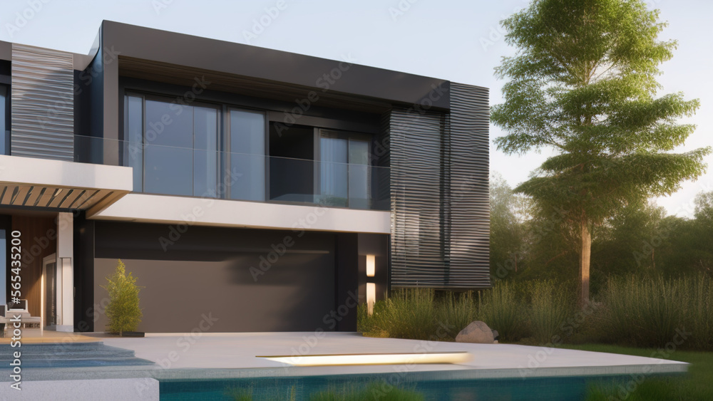 Fototapeta premium modern house in the suburbs, luxurious, in the middle of the environment, Generative AI