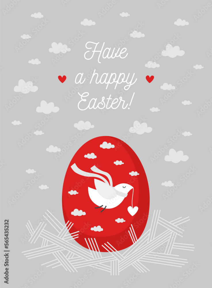Naklejka premium Easter greeting card. Illustration of the flying bird and painty Easter egg