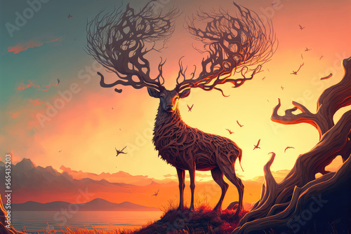 illsutration painting of a wooden deer at sunset. (ai generated)