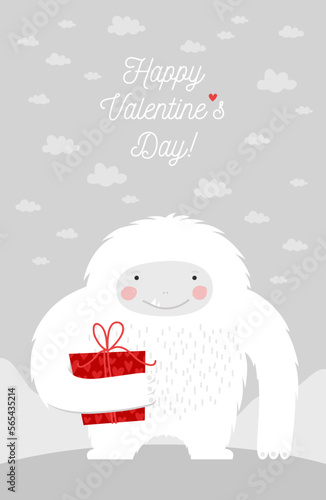Valentine's Day greeting card. Illustration of the Yeti and gift box 