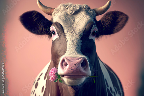 Black and White Milk Cow Holding a Pink Rose in Its Mouth. Generative AI. © MindOverMana