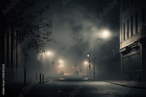  a dark street with a few lights on it at night time with fog and fog from the street lamps on the buildings and the street.  generative ai
