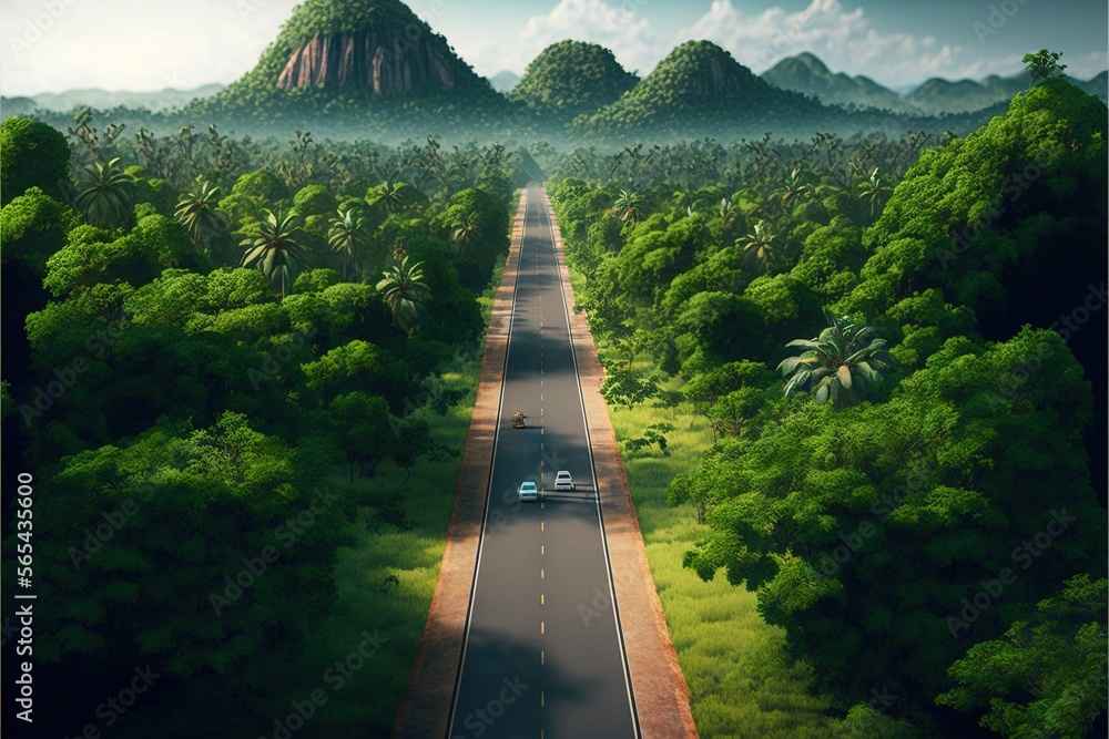 a long road with a car driving down it surrounded by trees and ...