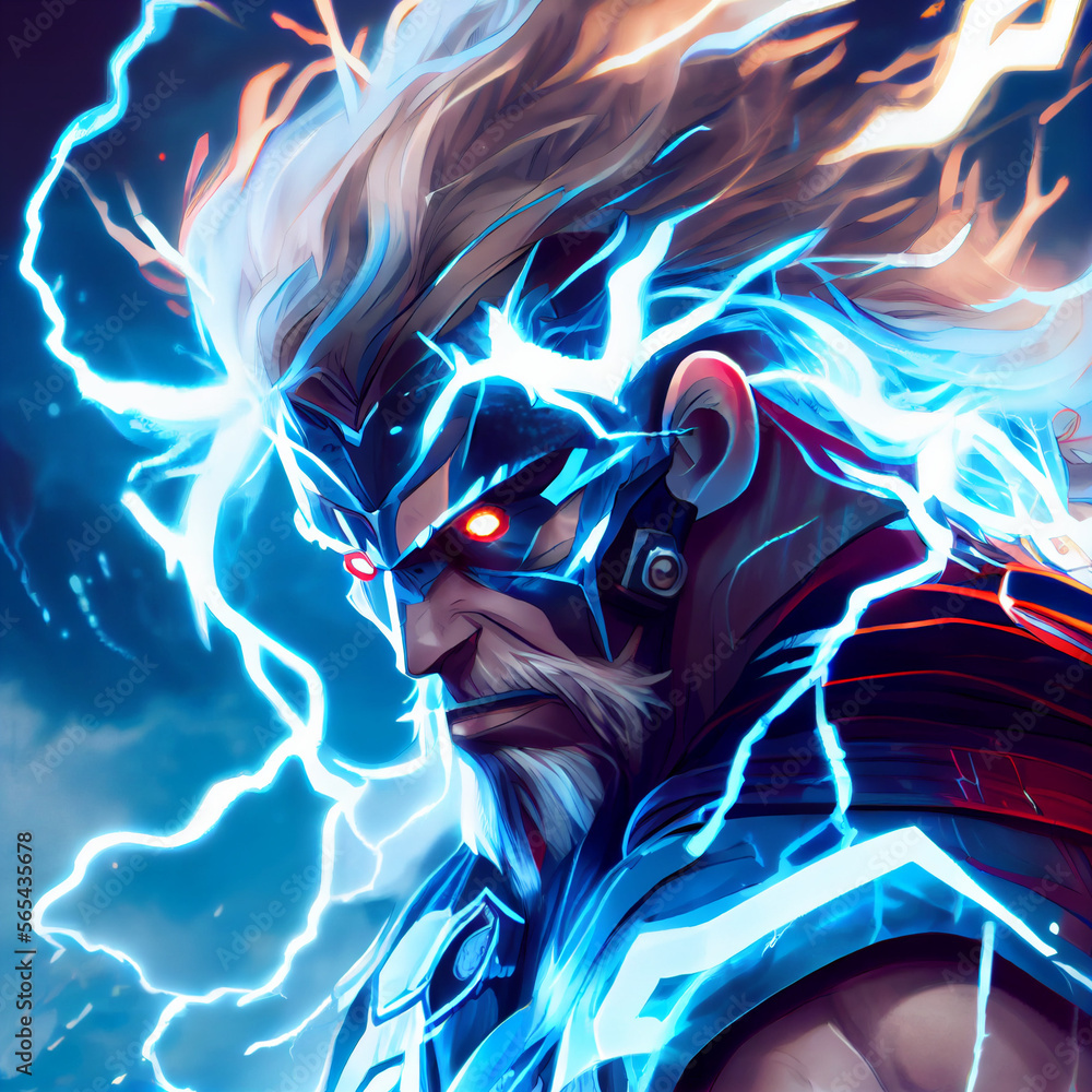 God of thunder and lightning anime style. Generative AI.