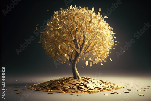  a tree with lots of coins on a table with a dark background and a black background behind it, with a dark background and a light colored area with a few gold coins. generative ai