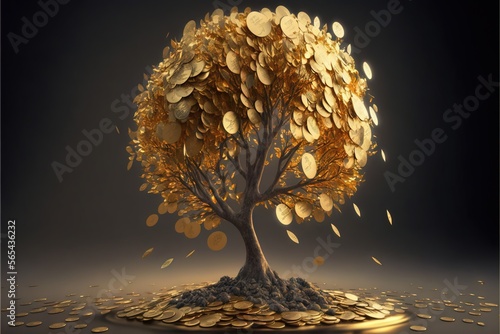  a tree with golden coins growing out of it's trunk and roots on a dark background with a black background and a gold coin floor. generative ai