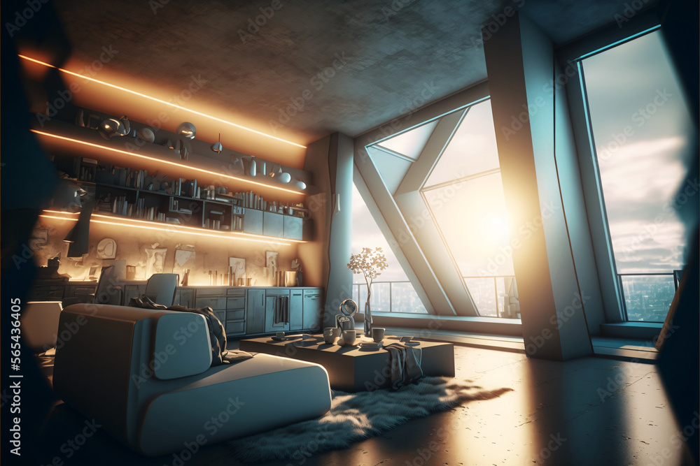 Fototapeta premium Futuristic apartment penthouse interior with modern design. Desinged using Generative AI. 