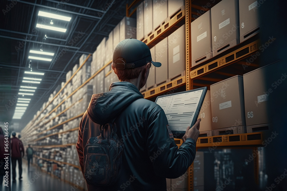  a man in a warehouse looking at a computer screen with a green light on it's side and a man in a baseball cap on his back.  generative ai