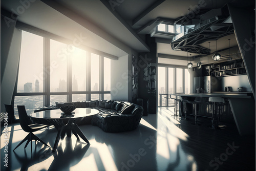 Futuristic apartment penthouse interior with modern design. Desinged using Generative AI.  photo