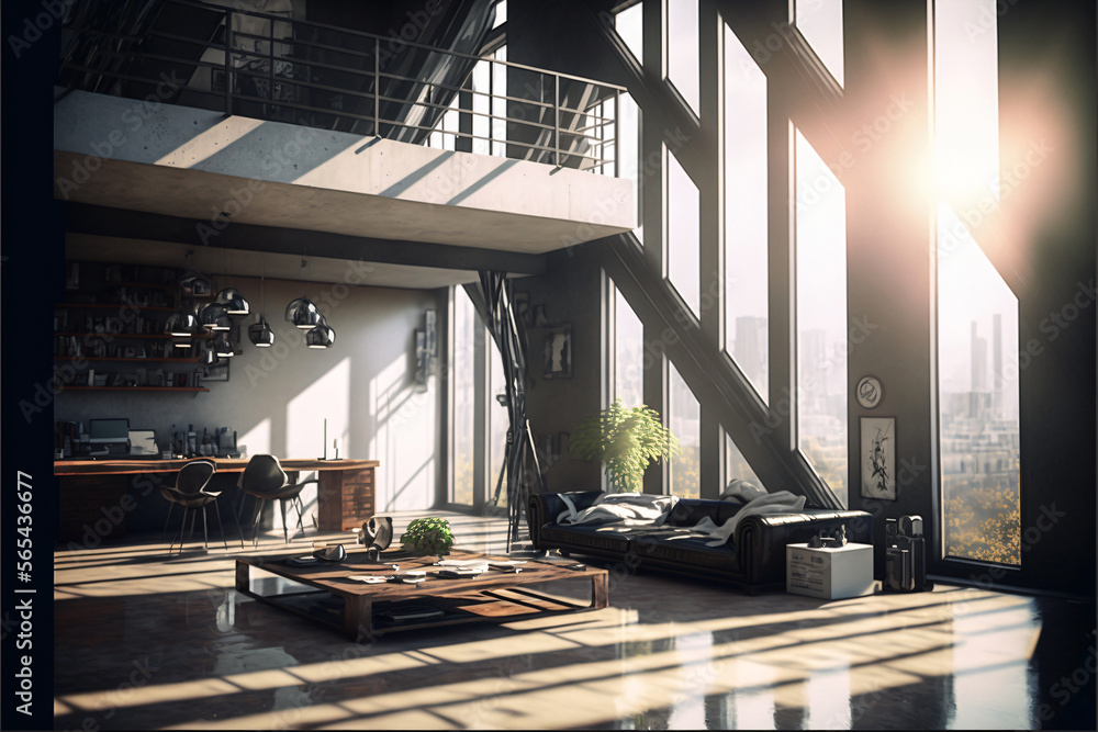 Fototapeta premium Futuristic apartment penthouse interior with modern design. Desinged using Generative AI. 