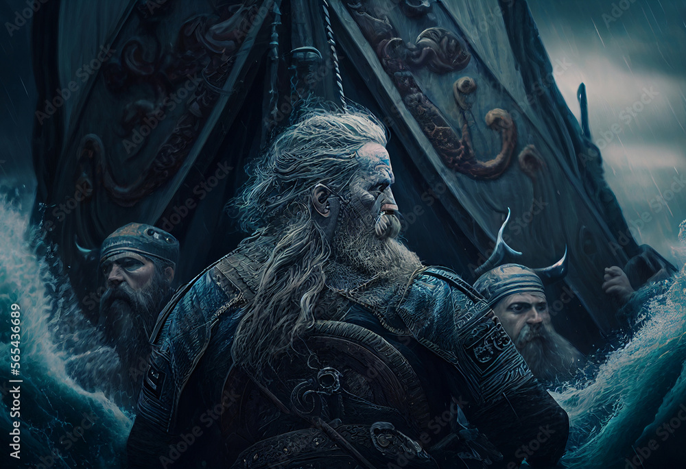 Ship with armed Vikings during sea storm. Ship with armed Vikings during sea storm.