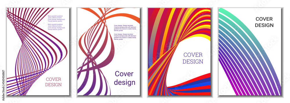 A set of 4 abstract covers. Wavy parallel gradient lines, ribbons evolve. Cover design, background. Trendy banner, poster. A set of 4 abstract covers. Wavy parallel gradient lines, ribbons evolve. Cover design, background. Trendy banner, poster.