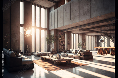Modern design living room interior with huge concrete walls and windows. Designed using generative ai.