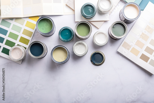 Tiny sample paint cans during house renovation, process of choosing paint for the walls, different green, blue and beige colors, color charts on background