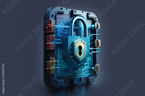 Cybersecurity concept. Padlock symbol from lines and triangles, padlock, dot connecting the network on blue background.