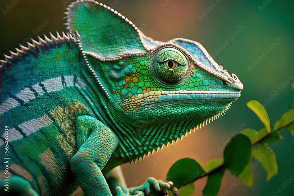 Obraz premium chameleon on a branch, 3d render cioseup shot, AI generated