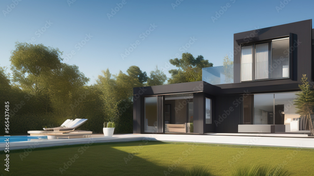 Fototapeta premium modern house in the suburbs, mansion, luxurious, in the middle of the environment, Generative AI