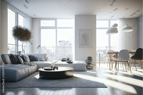 Modern living room interior in a penthouse with huge windows. Designed using generative ai.  photo