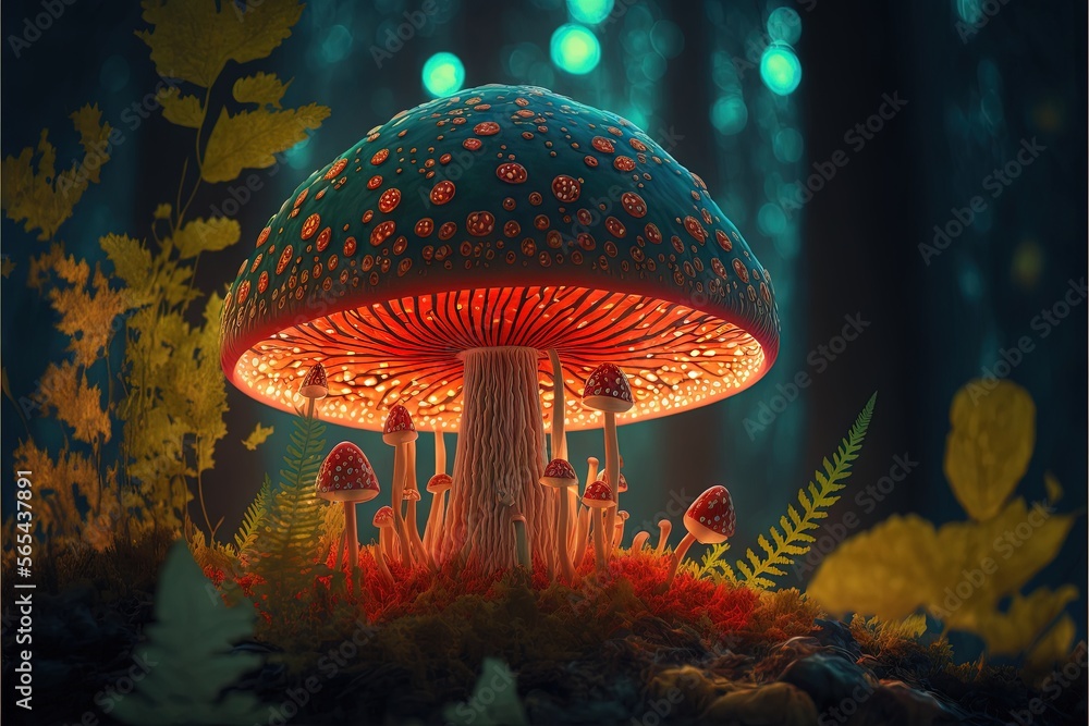 a mushroom with a light on it in the forest with trees and plants ...