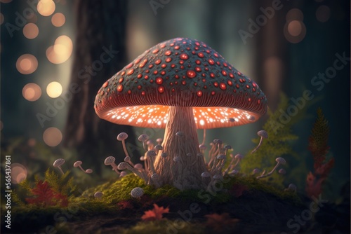  a mushroom with red dots on it in the forest with trees and lights in the background and a blurry background of the mushroom is a. generative ai