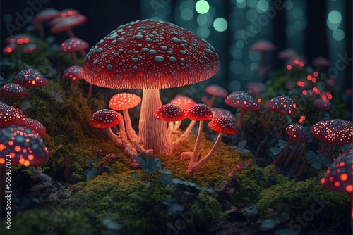  a group of mushrooms that are sitting in the grass with lights on them and moss growing around them, all lit up in the dark. generative ai