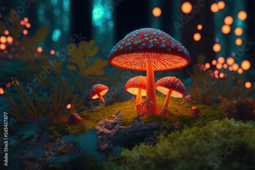  a group of mushrooms that are sitting in the grass together in the night time, with lights shining on them and a forest of trees in the background. generative ai