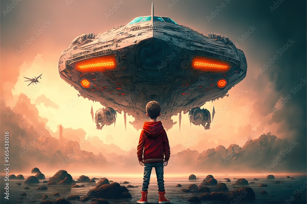 Boy standing in front of alien ship illustration. UFO. Painting ...