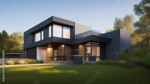 modern house in the suburbs, mansion, luxurious, in the middle of the environment, Generative AI