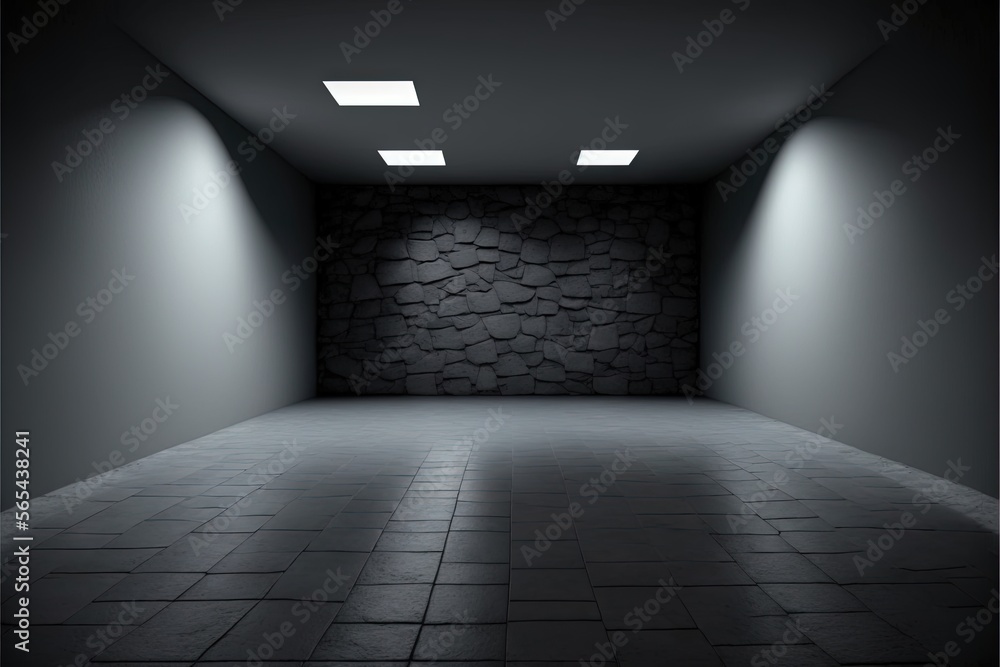 a dark room with a stone wall and two lights on the ceiling and a brick floor with a black and white pattern on the floor. generative ai a dark room with a stone wall and two lights on the ceiling and a brick floor with a black and white pattern on the floor. generative ai