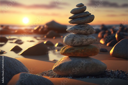  a stack of rocks sitting on top of a sandy beach next to the ocean at sunset with the sun setting behind it and a few rocks in the foreground.  generative ai